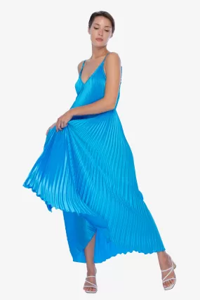 Bisous Strappy Blue Pleated Midi Dress