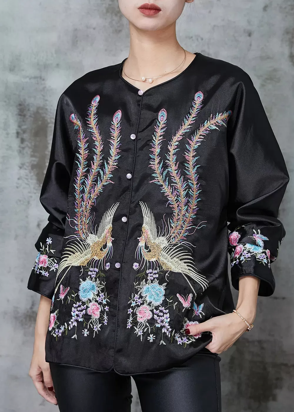 Black Chinese Style Silk Coat Embroidered Spring JK1058