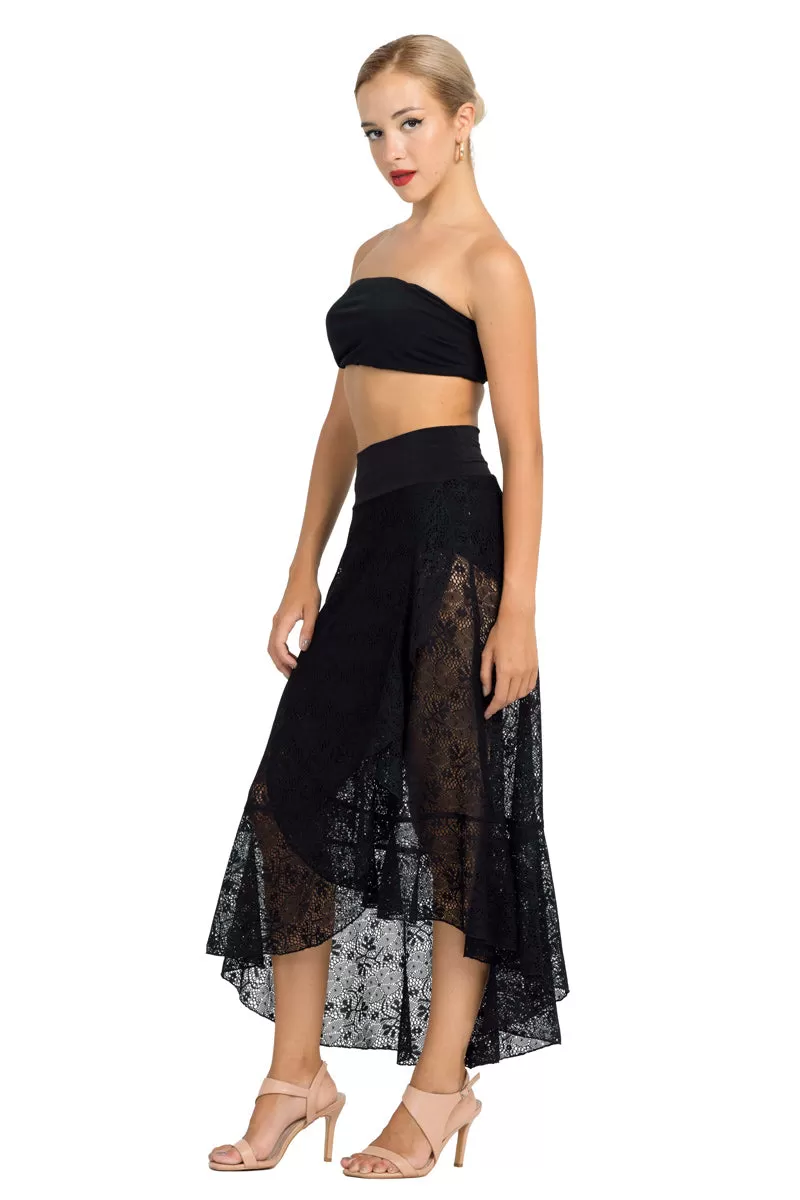 Black Lace Asymmetric Wrap Skirt With Ruffles