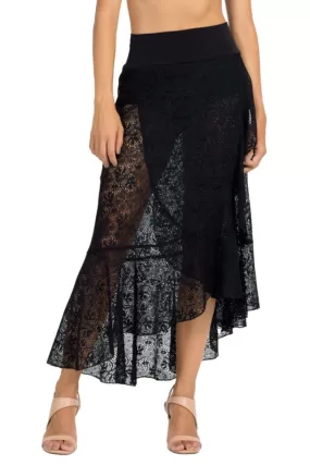 Black Lace Asymmetric Wrap Skirt With Ruffles