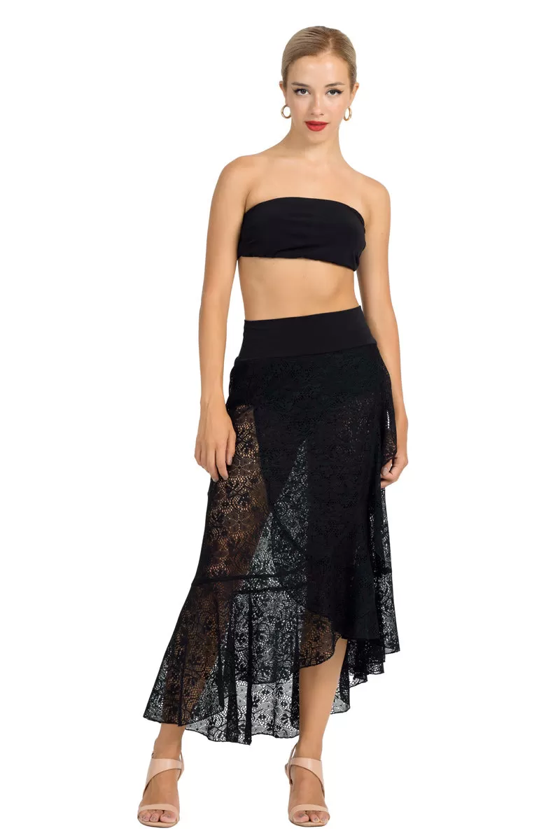 Black Lace Asymmetric Wrap Skirt With Ruffles