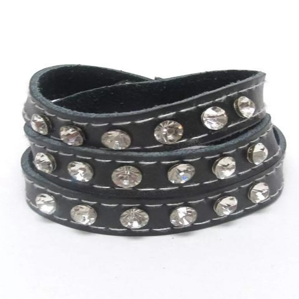 Black Leatherette Crystal Studded Wrap Bracelet