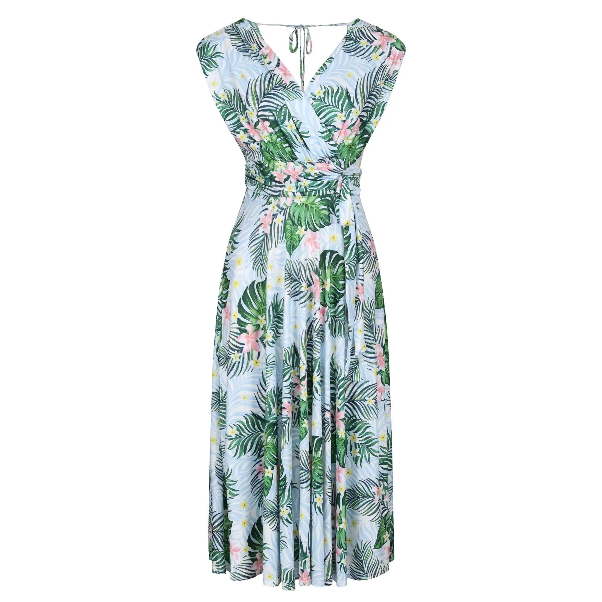 Blue Tropical Floral Print V Neck Crossover Top Empire Waist Swing Dress