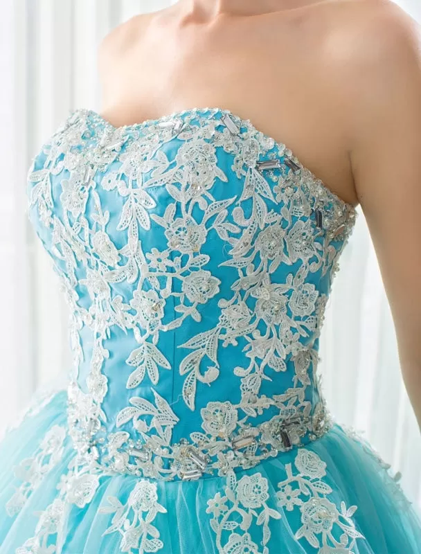 Blue Wedding Dress Lace Applique Tulle Court Train Strapless Sweetheart Lace-Up A-Line Bridal Gown