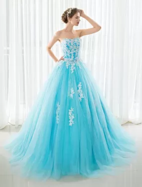 Blue Wedding Dress Lace Applique Tulle Court Train Strapless Sweetheart Lace-Up A-Line Bridal Gown