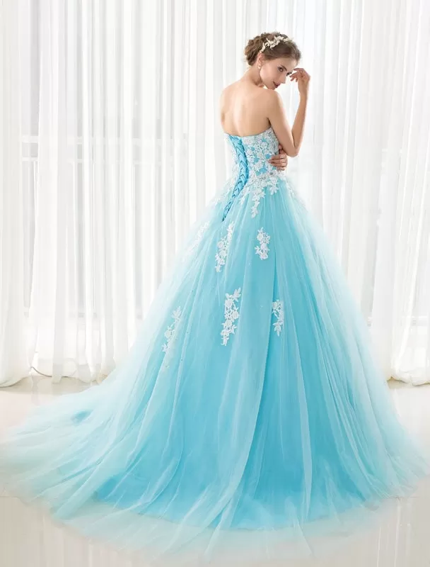 Blue Wedding Dress Lace Applique Tulle Court Train Strapless Sweetheart Lace-Up A-Line Bridal Gown