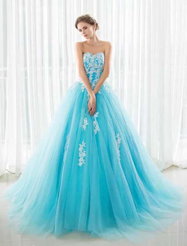 Blue Wedding Dress Lace Applique Tulle Court Train Strapless Sweetheart Lace-Up A-Line Bridal Gown