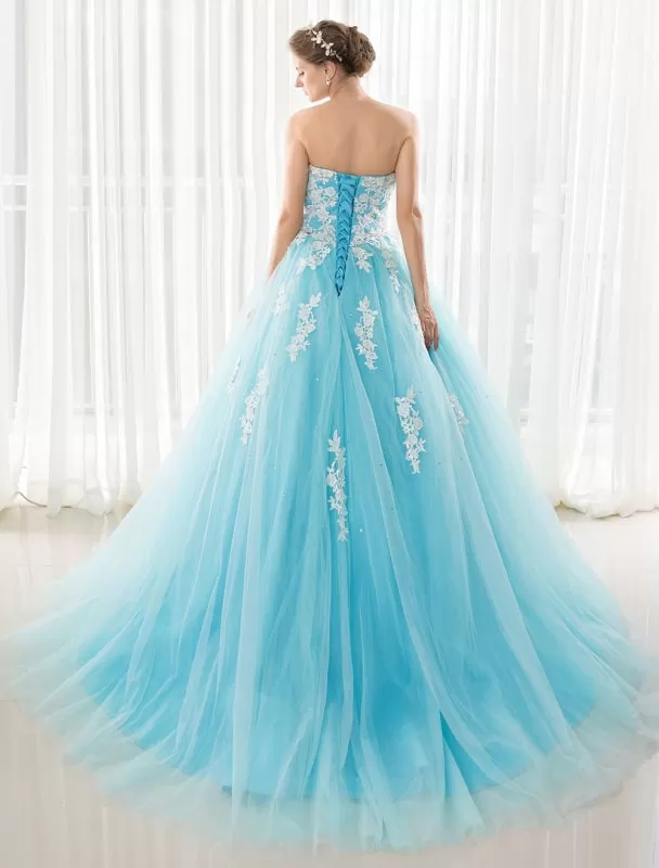 Blue Wedding Dress Lace Applique Tulle Court Train Strapless Sweetheart Lace-Up A-Line Bridal Gown