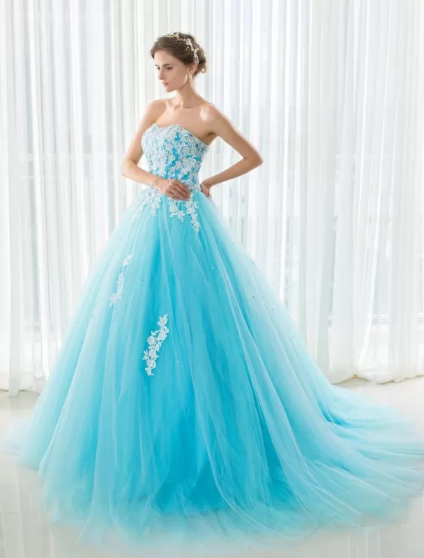 Blue Wedding Dress Lace Applique Tulle Court Train Strapless Sweetheart Lace-Up A-Line Bridal Gown