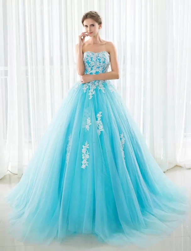 Blue Wedding Dress Lace Applique Tulle Court Train Strapless Sweetheart Lace-Up A-Line Bridal Gown