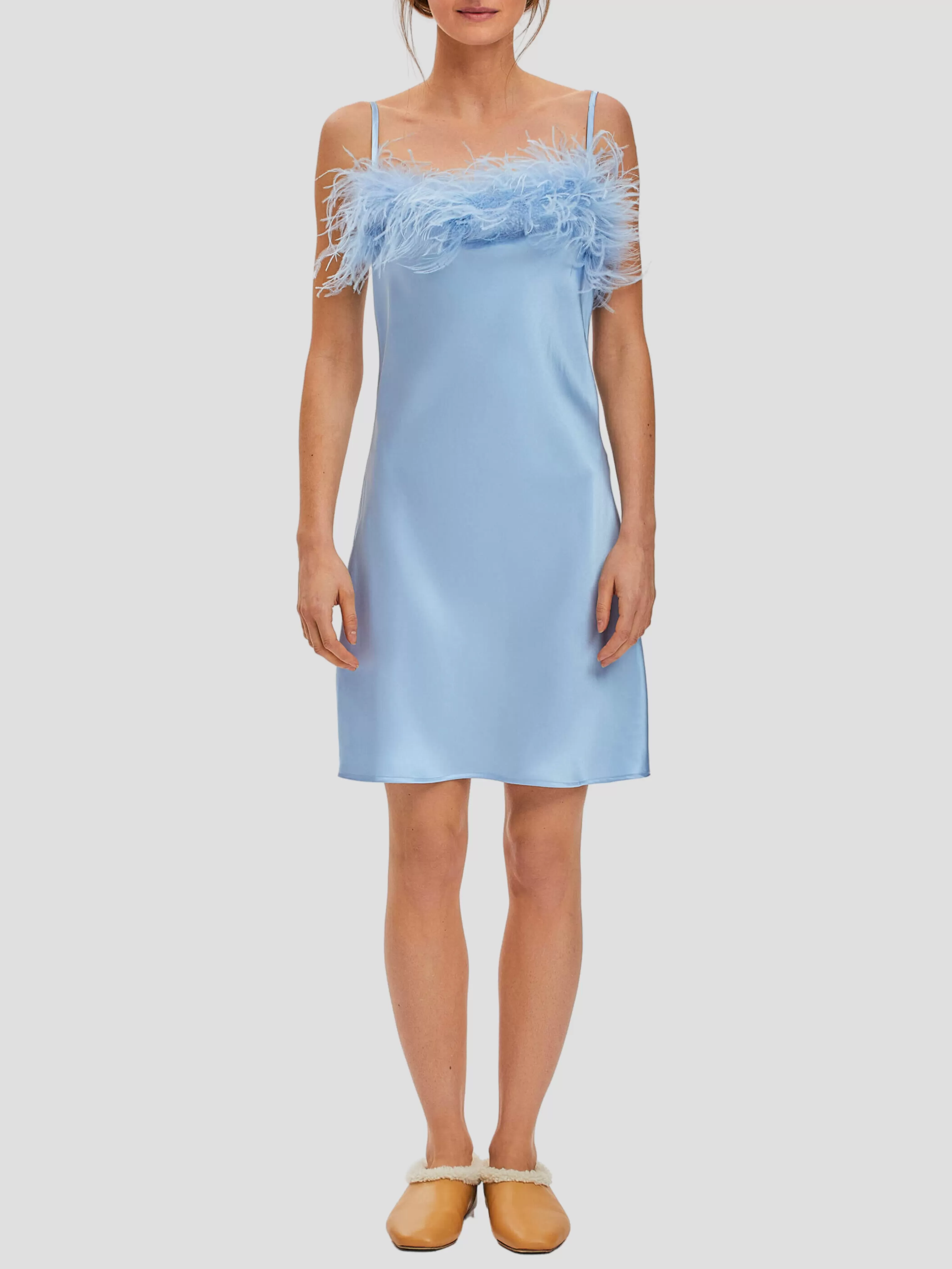 Boheme Mini Dress with Feathers in Light Blue