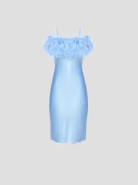 Boheme Mini Dress with Feathers in Light Blue