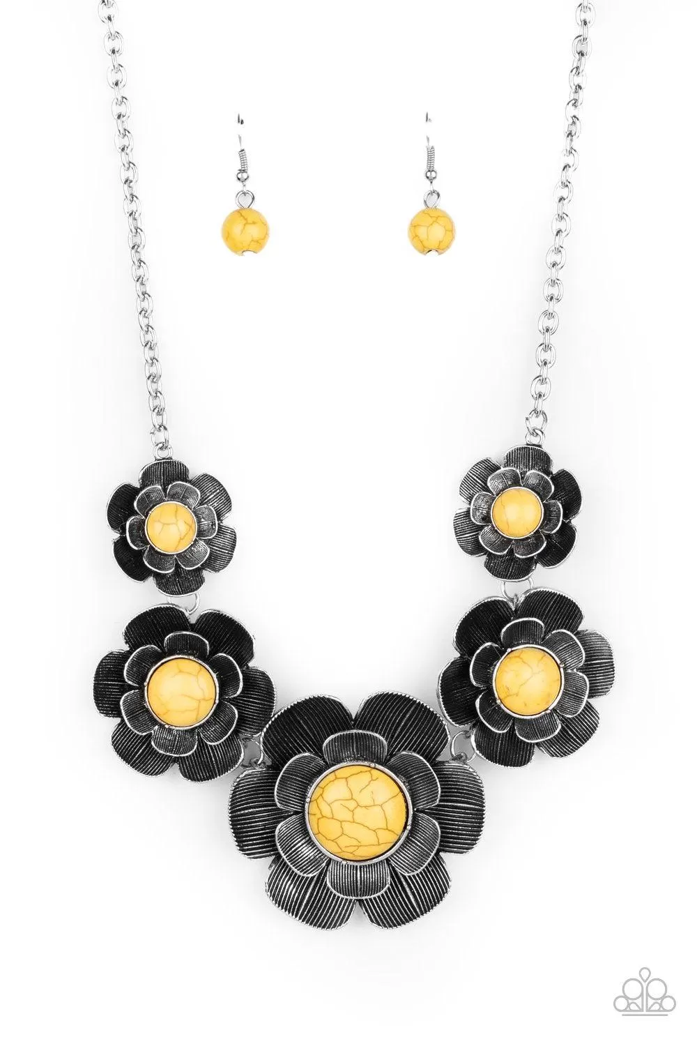 Bountiful Badlands Yellow Stone and Silver Flower Necklace - Paparazzi Accessories