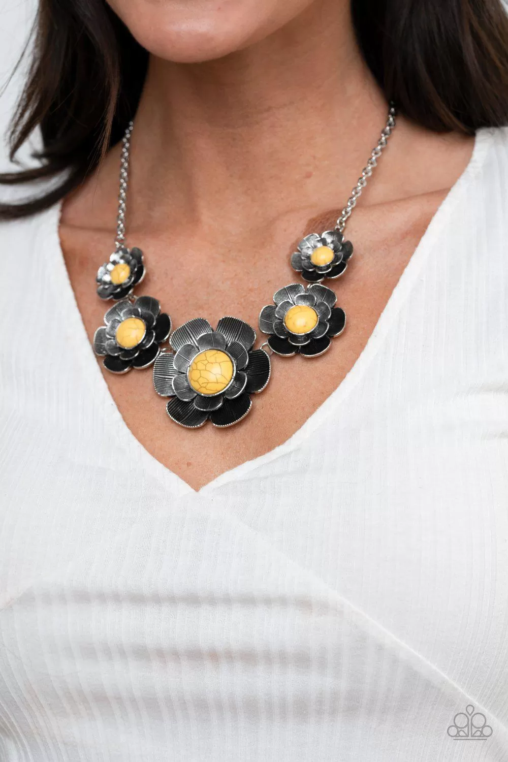 Bountiful Badlands Yellow Stone and Silver Flower Necklace - Paparazzi Accessories