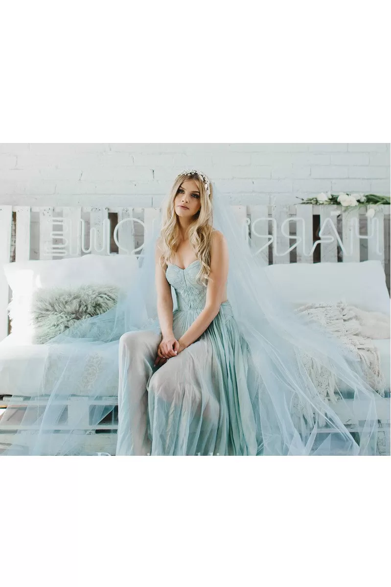 Bridal Veil Light Blue Extra Long Trailing Simple Wedding Veil Ocean Blue-810385