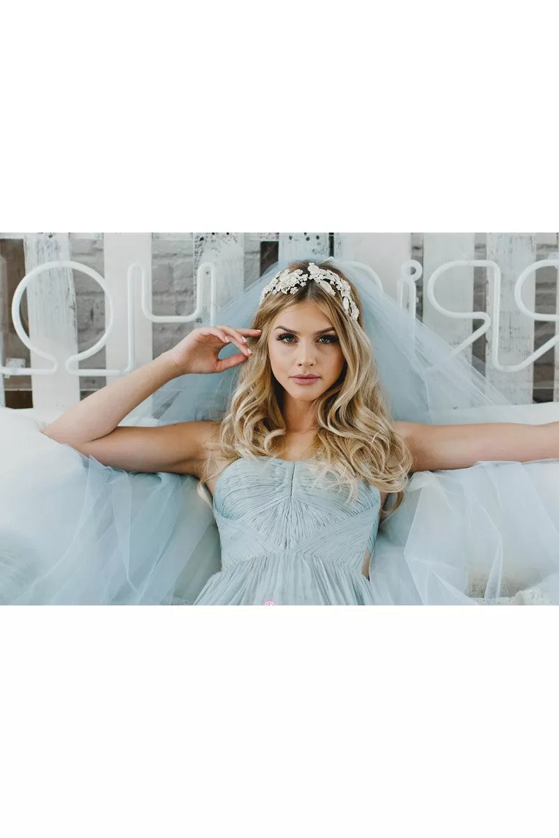 Bridal Veil Light Blue Extra Long Trailing Simple Wedding Veil Ocean Blue-810385