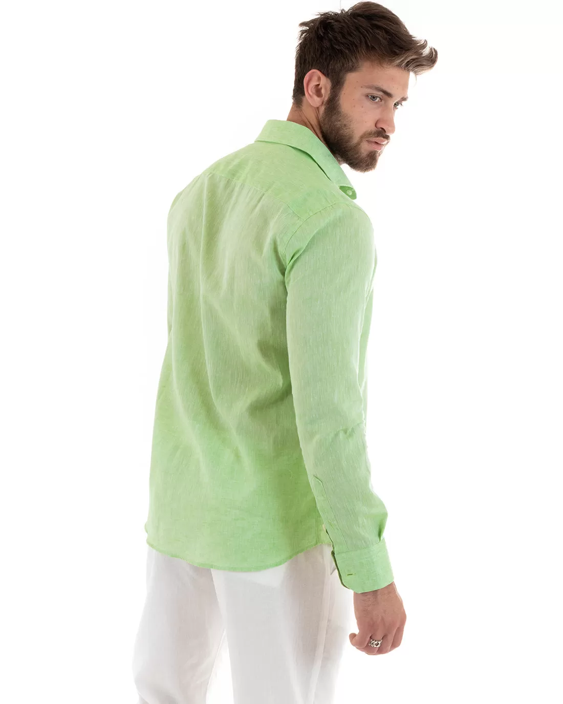 Camicia Uomo Con Colletto Francese Manica Lunga Lino Melangiata Sartoriale Verde Pisello GIOSAL-C2683A