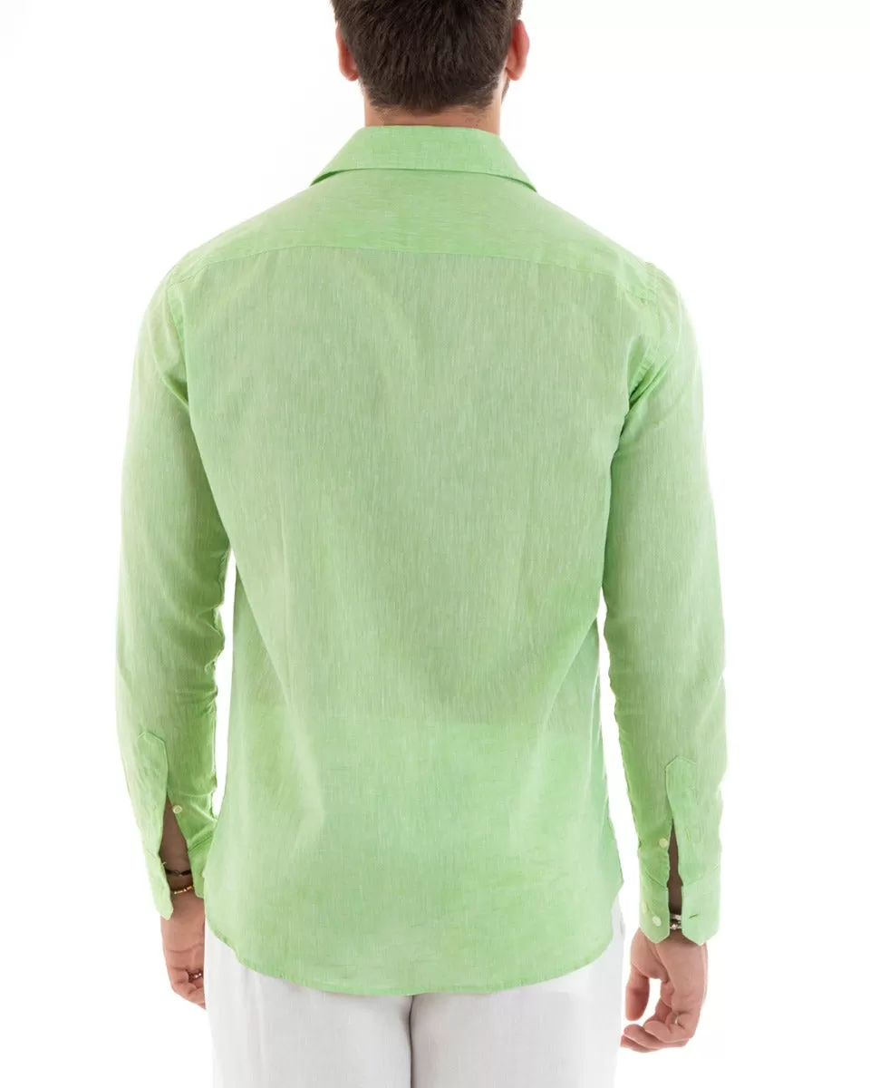 Camicia Uomo Con Colletto Francese Manica Lunga Lino Melangiata Sartoriale Verde Pisello GIOSAL-C2683A