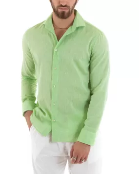 Camicia Uomo Con Colletto Francese Manica Lunga Lino Melangiata Sartoriale Verde Pisello GIOSAL-C2683A