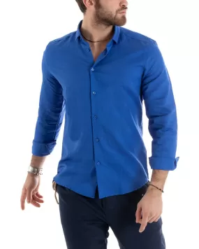 Camicia Uomo Con Colletto Tinta Unita Blu Royal Lino Manica Lunga Casual Sartoriale GIOSAL-C2717A