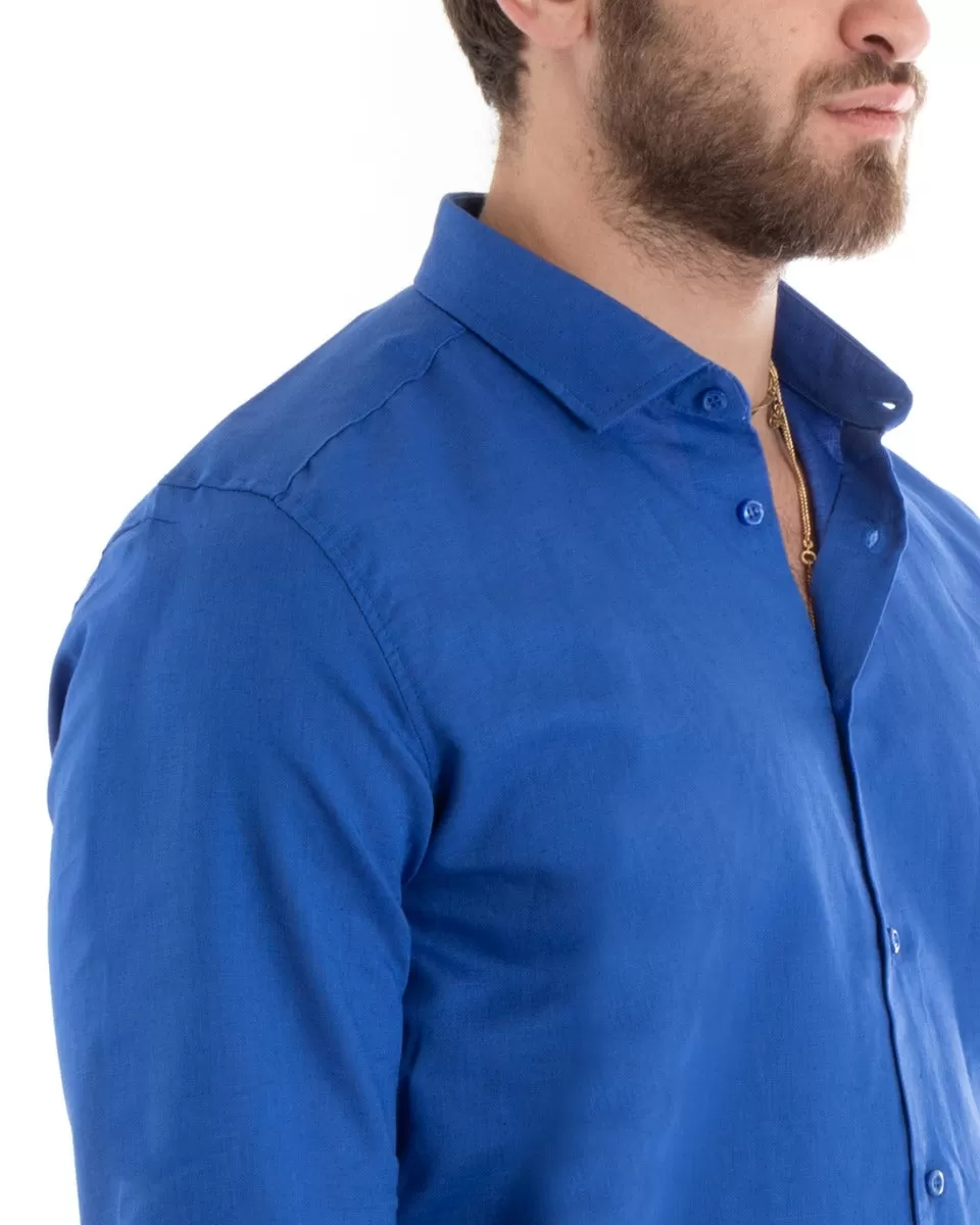 Camicia Uomo Con Colletto Tinta Unita Blu Royal Lino Manica Lunga Casual Sartoriale GIOSAL-C2717A