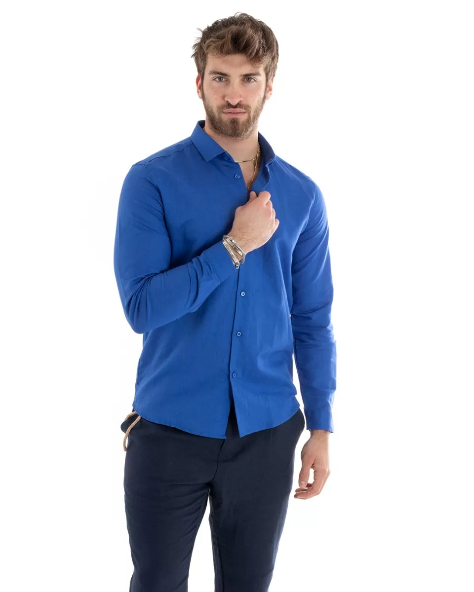 Camicia Uomo Con Colletto Tinta Unita Blu Royal Lino Manica Lunga Casual Sartoriale GIOSAL-C2717A