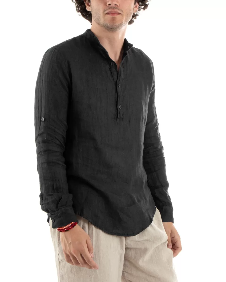 Camicia Uomo Lino Collo Serafino Mezzo Bottone Tinta Unita Casacca Nero GIOSAL-C2794A