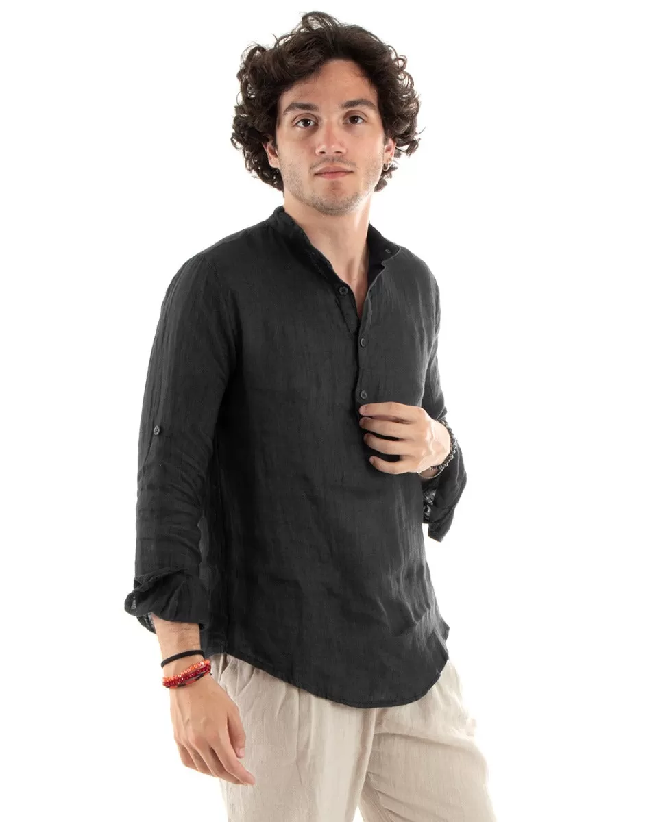 Camicia Uomo Lino Collo Serafino Mezzo Bottone Tinta Unita Casacca Nero GIOSAL-C2794A