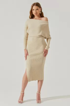 Caris Ribbed Off Shoulder Midi Sweater Dress