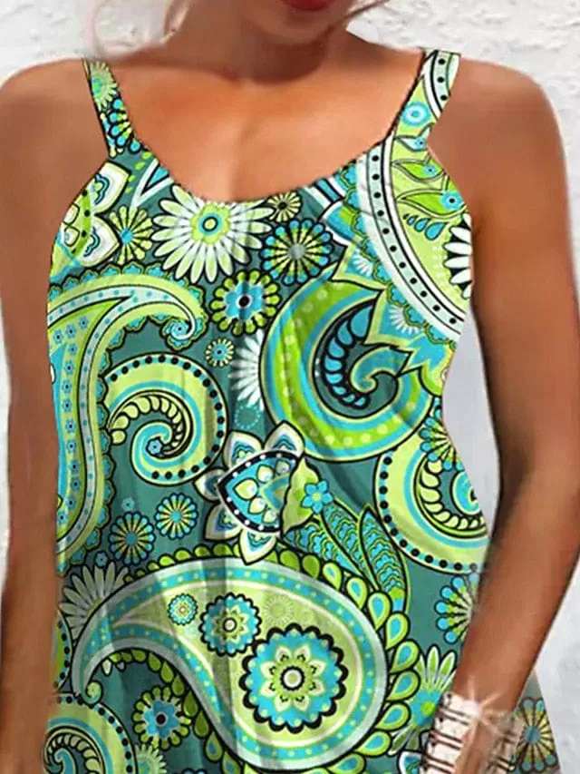 Casual Dress Ethnic Dress Shift Dress Floral Print Strap Mini Dress Ethnic Tribal Outdoor Daily Sleeveless Loose Fit Green Spring Summer S M L XL XXL for Women