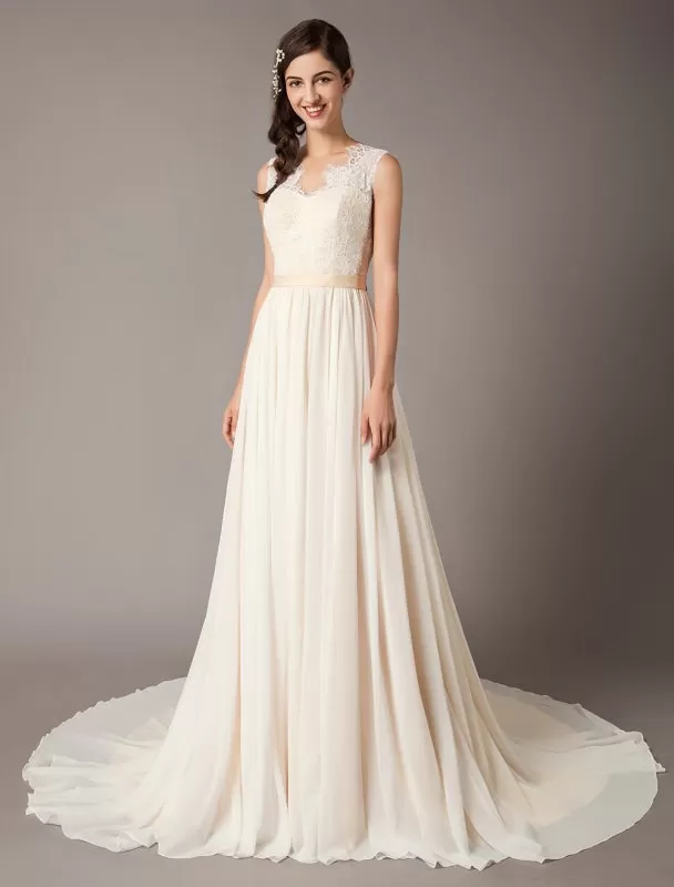 Champagne Wedding Dresses Beach Lace Chiffon V Neck Bridal Dress