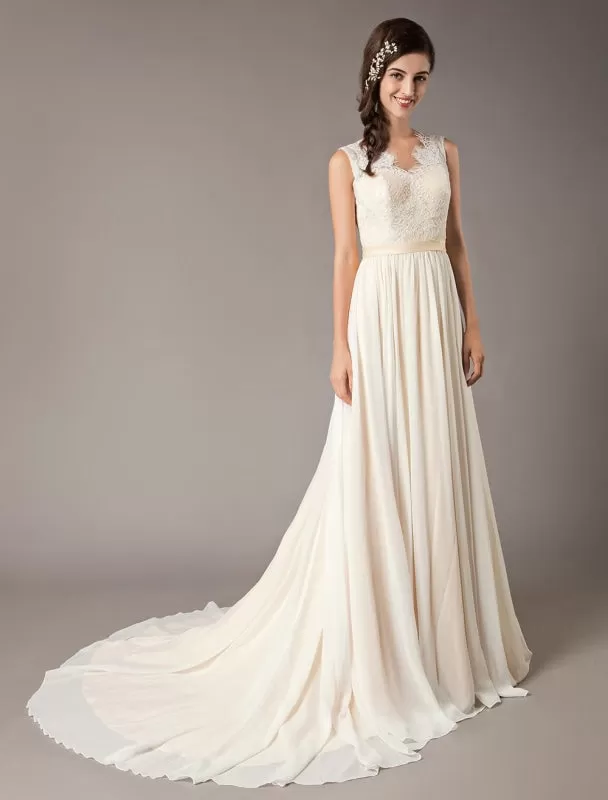 Champagne Wedding Dresses Beach Lace Chiffon V Neck Bridal Dress