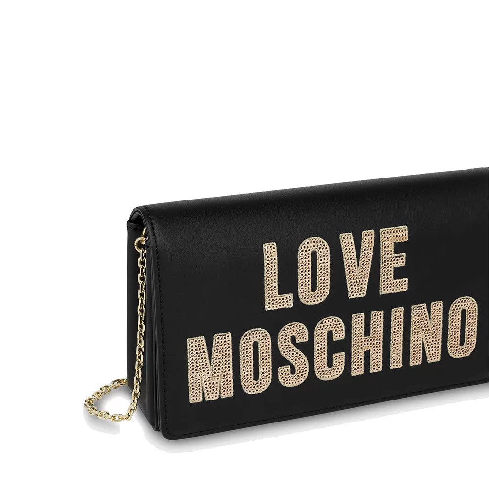 Clutch Donna con Tracolla LOVE MOSCHINO linea Sparkling Logo Nero con Logo in Paillettes Oro