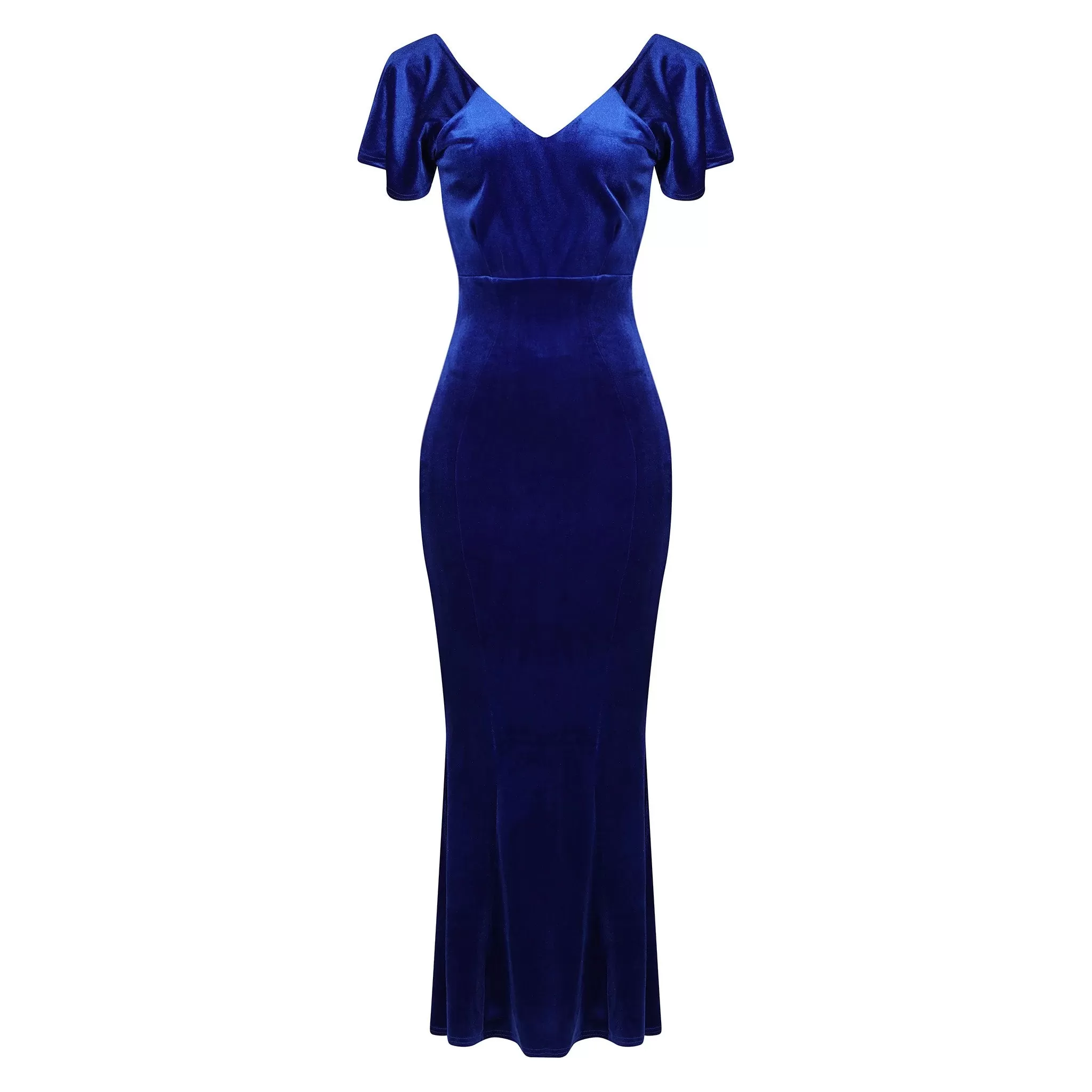 Cobalt Blue V Neck Velour Maxi Dress w/ Fishtail Hem & Waterfall Sleeves