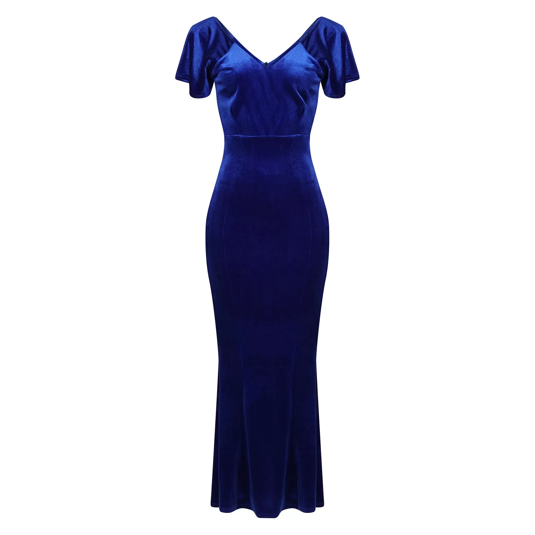 Cobalt Blue V Neck Velour Maxi Dress w/ Fishtail Hem & Waterfall Sleeves