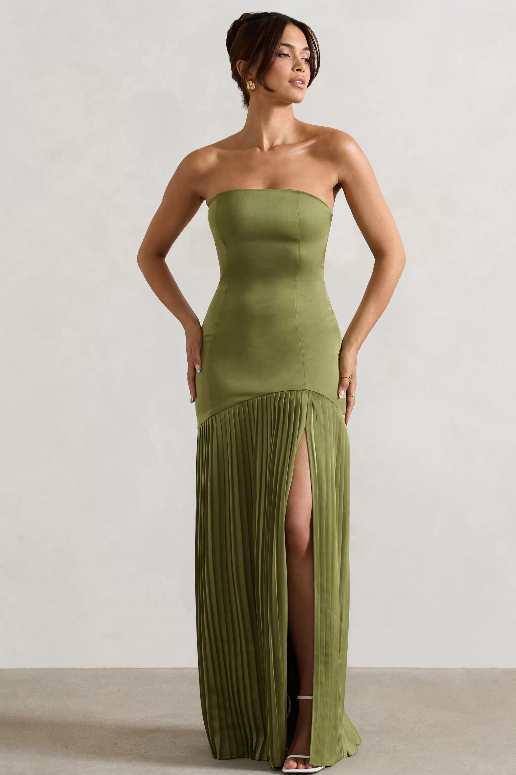 Confidence | Olive Satin Bandeau Pleated Split Maxi Dress