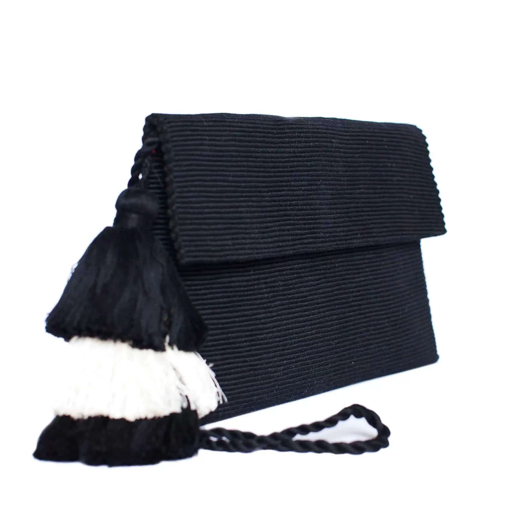 Cotton Clutch Bag in Black with Black and White Tassel