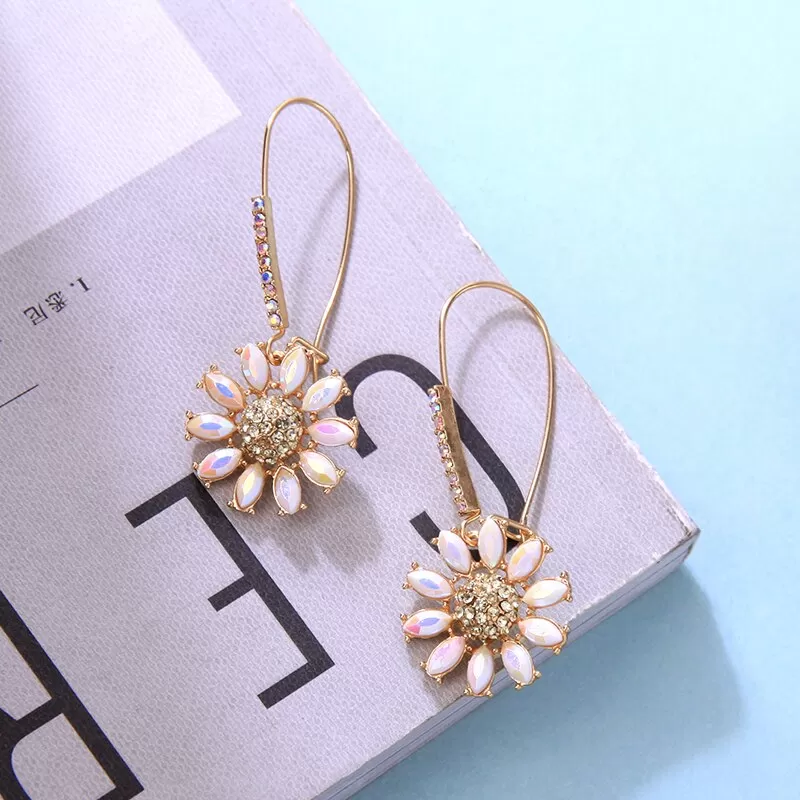 Crystal Flower Fish Hook Style Earring - 2 Colors