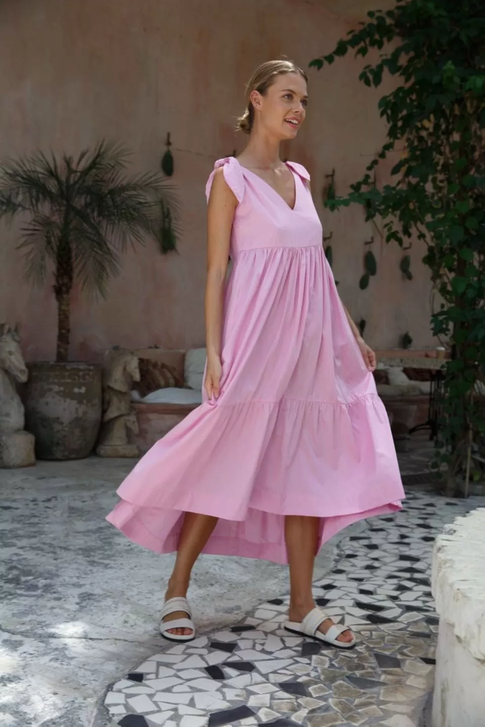 Cupid Bow Straps Tiered Pink Maxi Dress