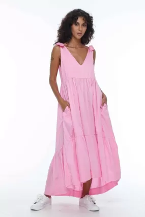 Cupid Bow Straps Tiered Pink Maxi Dress