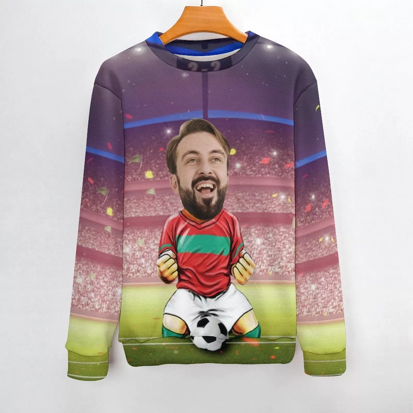 Custom Face Round Neck Sweater for Men World Cup Soccer Football Long Sleeve Lightweight Sweater Tops Photo Ugly Sweater