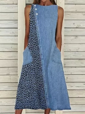 Denim Dress Casual Dress Midi Dress Denim Fashion Modern Outdoor Daily Vacation Crew Neck Button Pocket Sleeveless Summer Spring  Regular Fit Blue Leopard S M L XL 2XL for Women