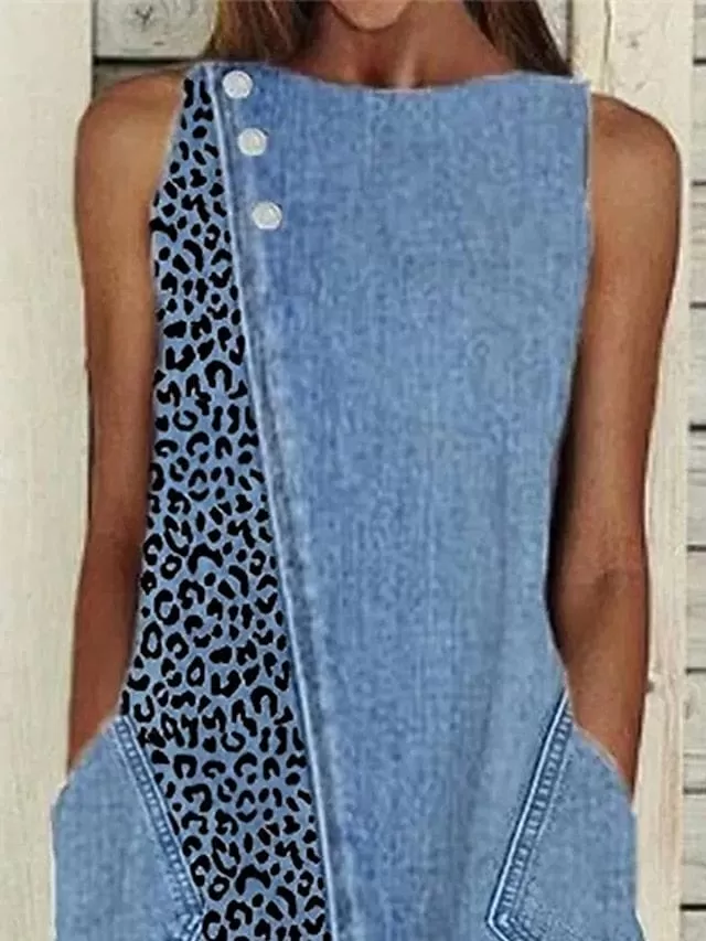 Denim Dress Casual Dress Midi Dress Denim Fashion Modern Outdoor Daily Vacation Crew Neck Button Pocket Sleeveless Summer Spring  Regular Fit Blue Leopard S M L XL 2XL for Women