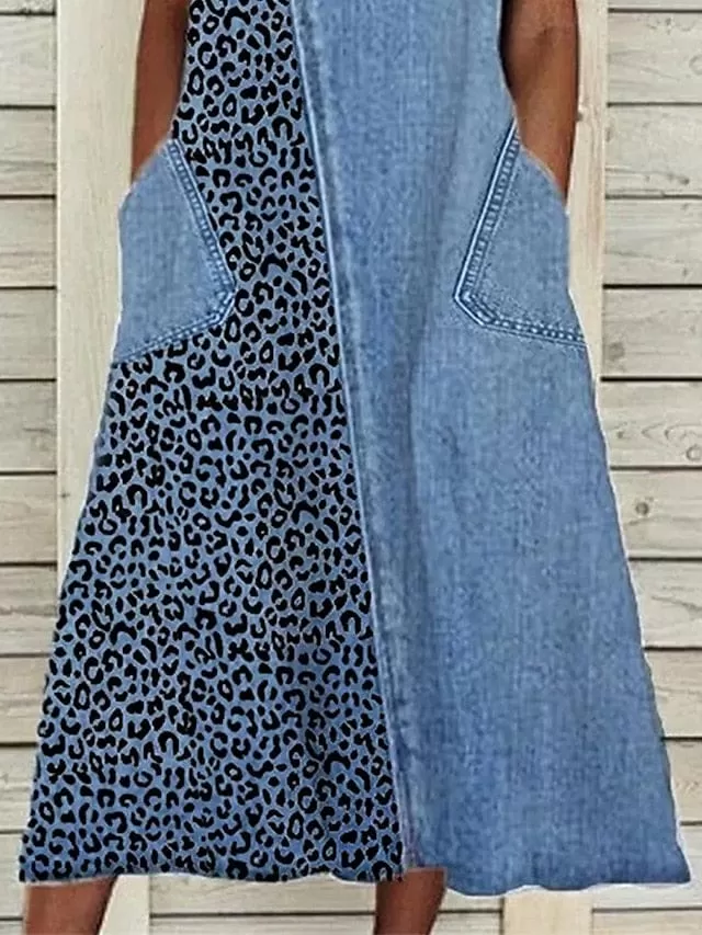 Denim Dress Casual Dress Midi Dress Denim Fashion Modern Outdoor Daily Vacation Crew Neck Button Pocket Sleeveless Summer Spring  Regular Fit Blue Leopard S M L XL 2XL for Women