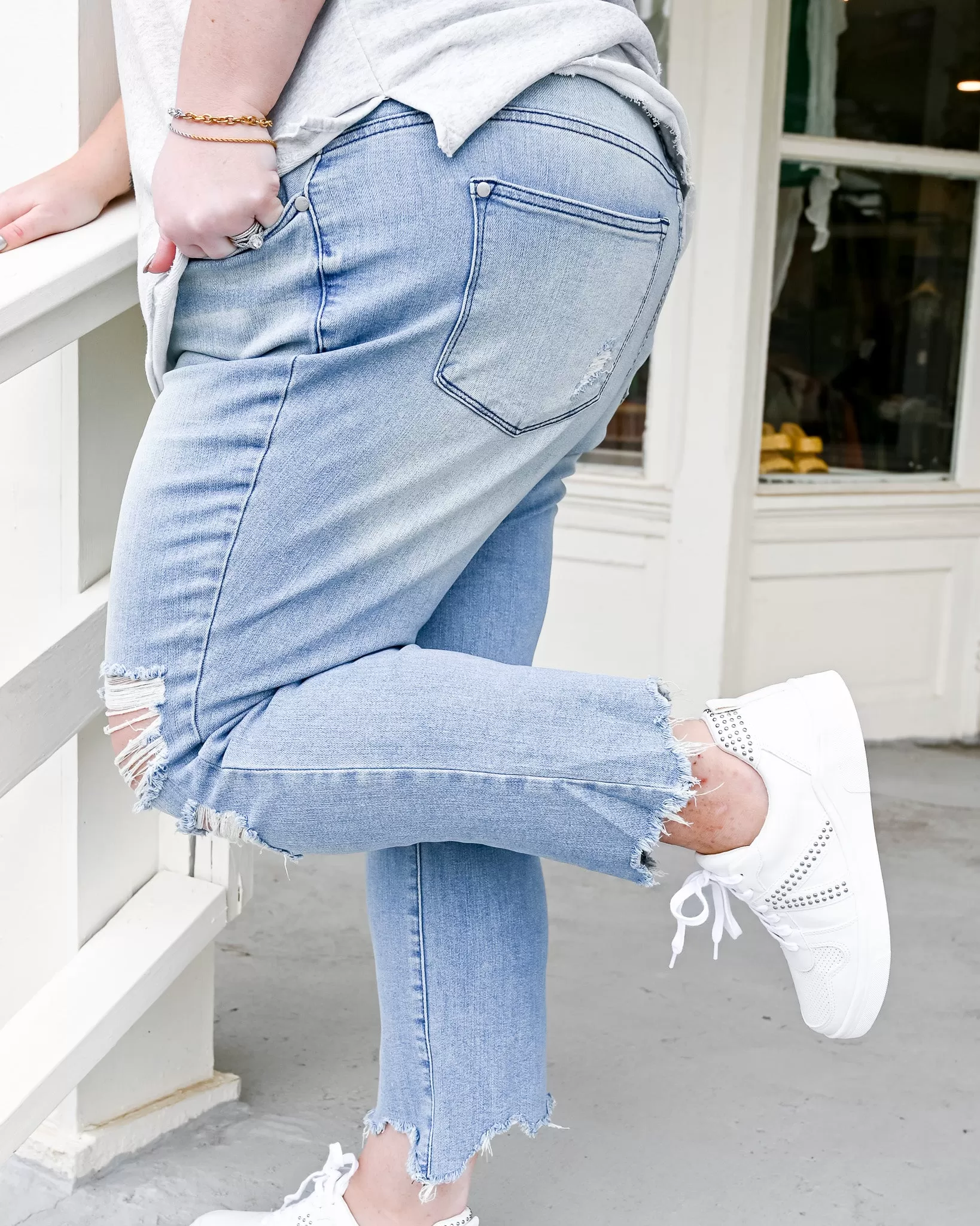 Distressed Straight Crop Jean with Raw Hem