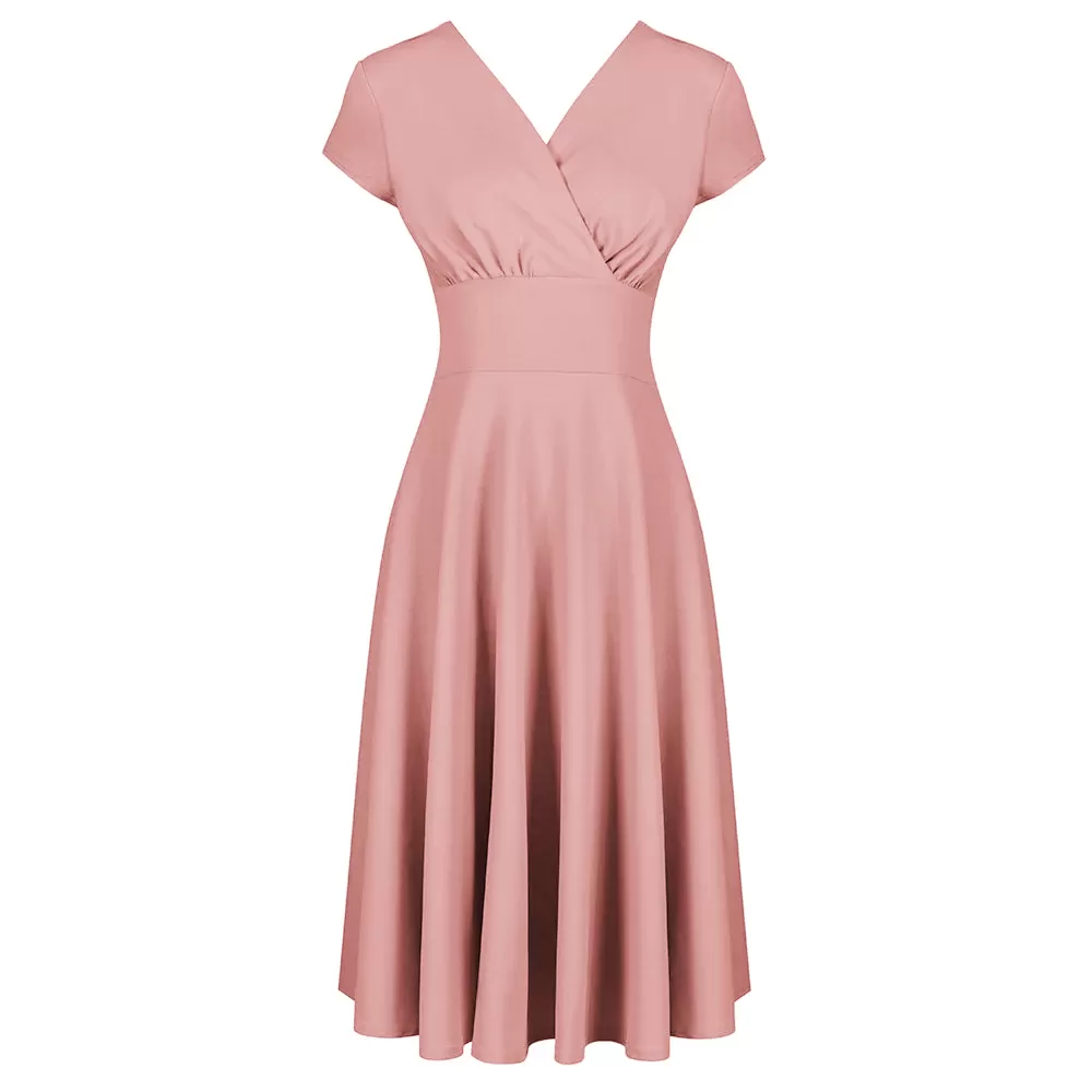 Dusky Pink Vintage A Line Crossover Capped Sleeve Tea Swing Dress