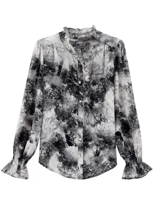 Elegant Ruffled Tie Dye Chiffon Shirt Spring HA1049