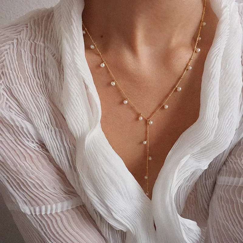 Elegant Y Shape Dainy Pearls Long Necklace