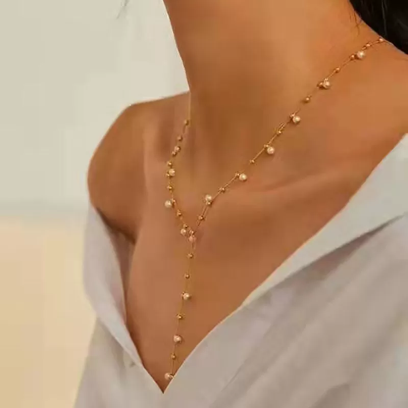 Elegant Y Shape Dainy Pearls Long Necklace