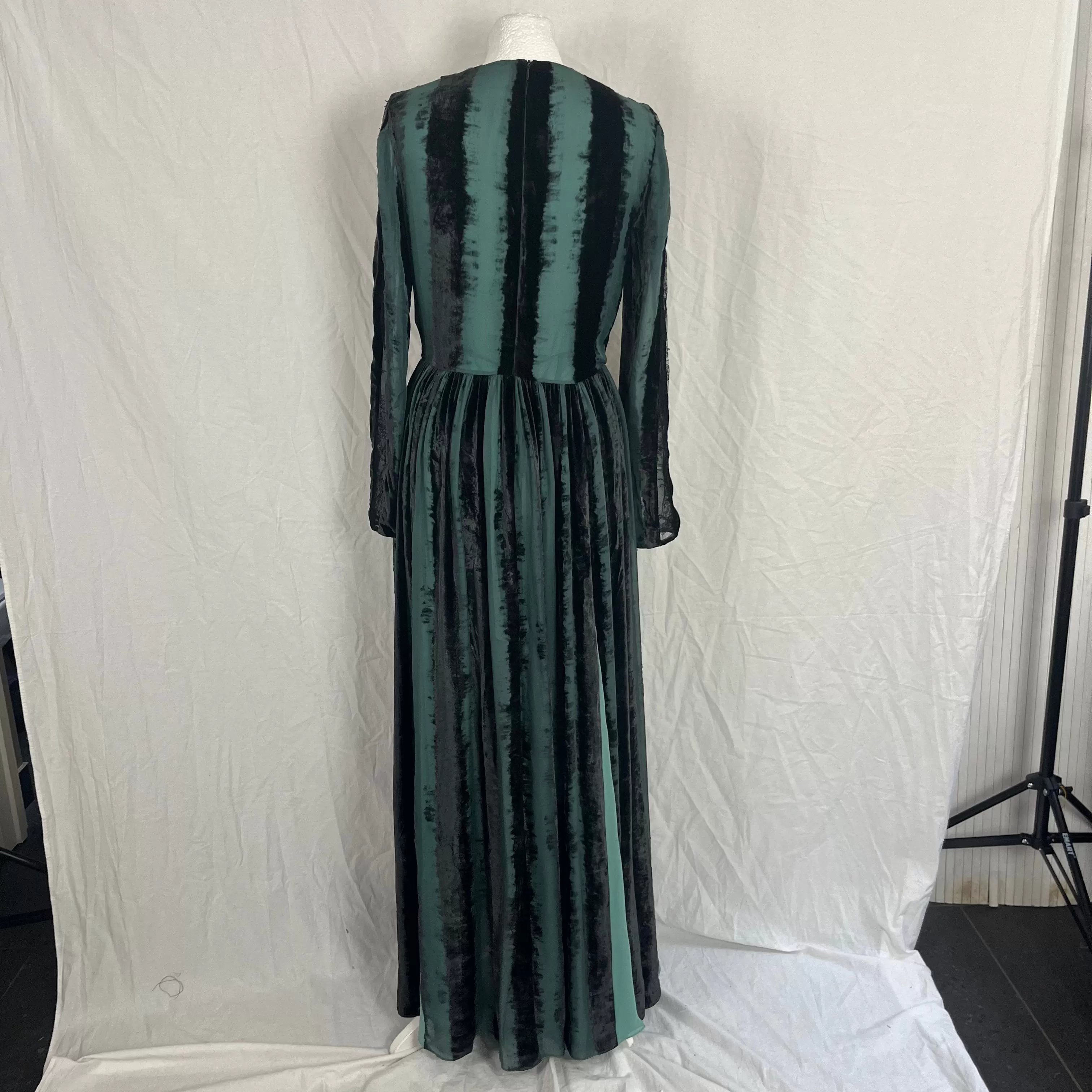 Elie Saab Sea Green & Black Velvet Maxi Dress XXS